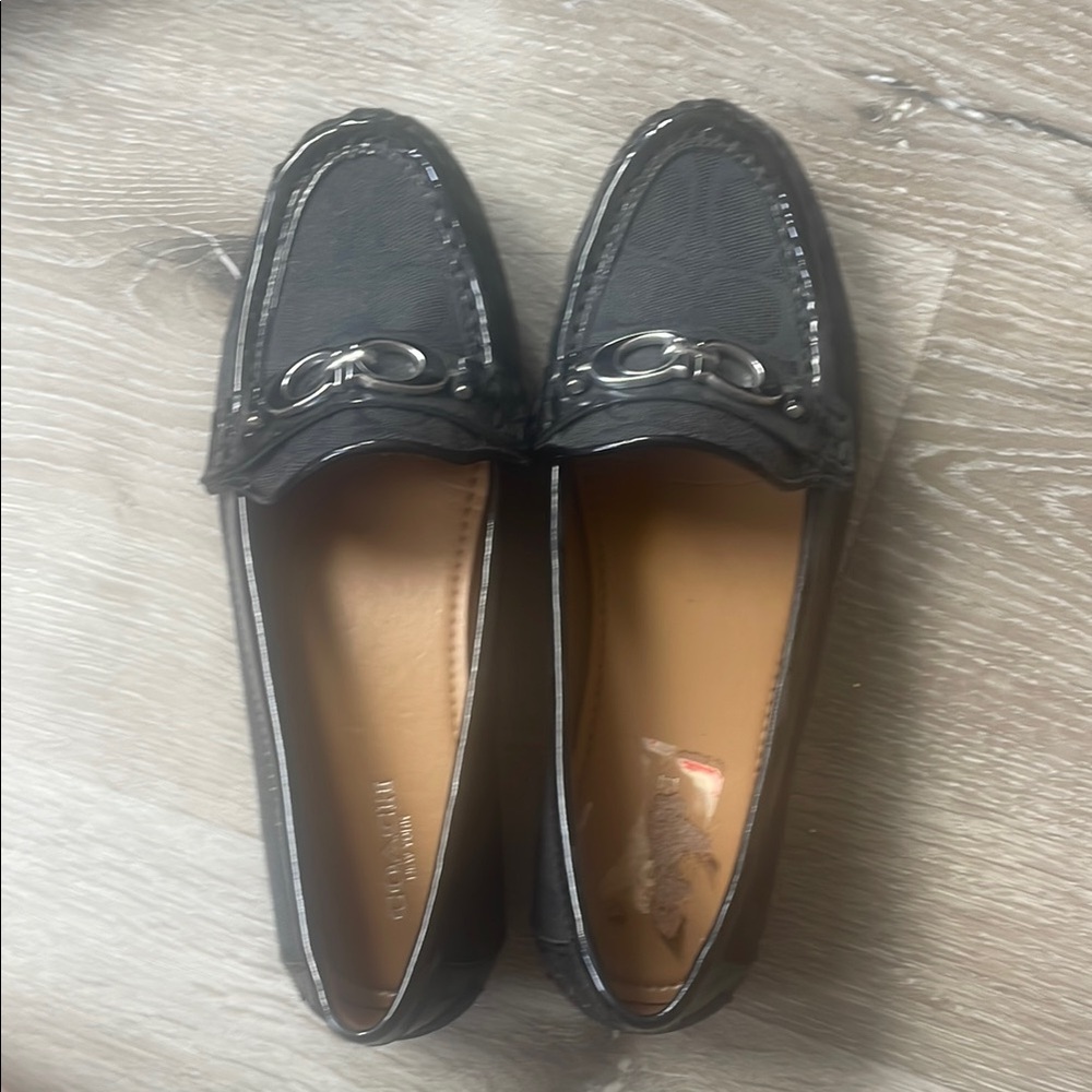 Coach Black and Silver Leather Loafers with Moccasin Stitching Fortunata